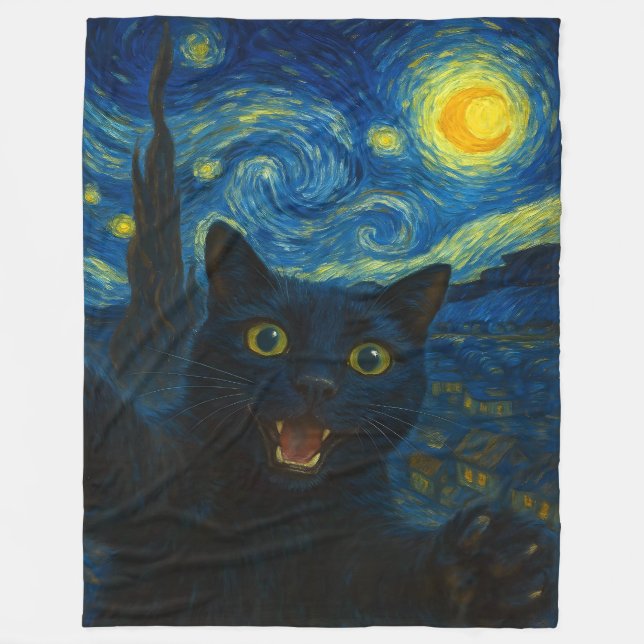 Cobertor De Velo Black Cat Starry Night Van Gogh Cat Selfie (Frente)