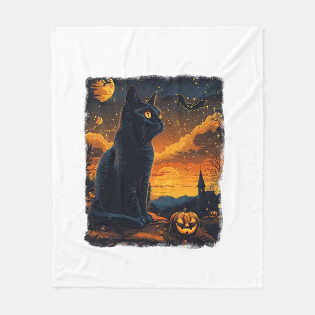 Cobertor De Velo Black Cat Starry Night Van Gogh Pumpkins Bats Hall (Frente)