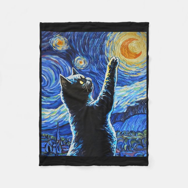 Cobertor De Velo Black Cat Starry Night Vincent Van Gogh Halloween (Frente)