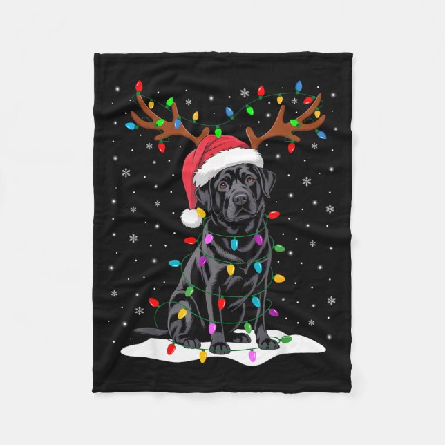 Cobertor De Velo Black Labrador Santa Hat Reindeer Tree Lights Chri (Frente)
