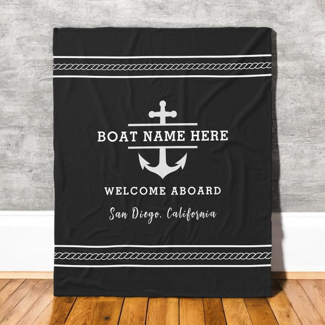 Cobertor De Velo Black Nautical Boat Name Welcome Aboard Anchor  (Criador carregado)