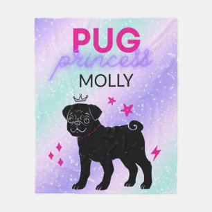 COBERTOR DE VELO BLACK" PUG PRINCESS" FLEECE BLANKET PERSONALIZADO.
