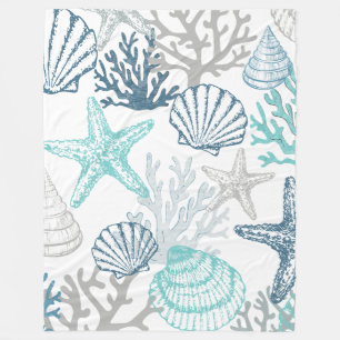 Cobertor De Velo Blanket Teal Starfish Seashell Coastal Sealife