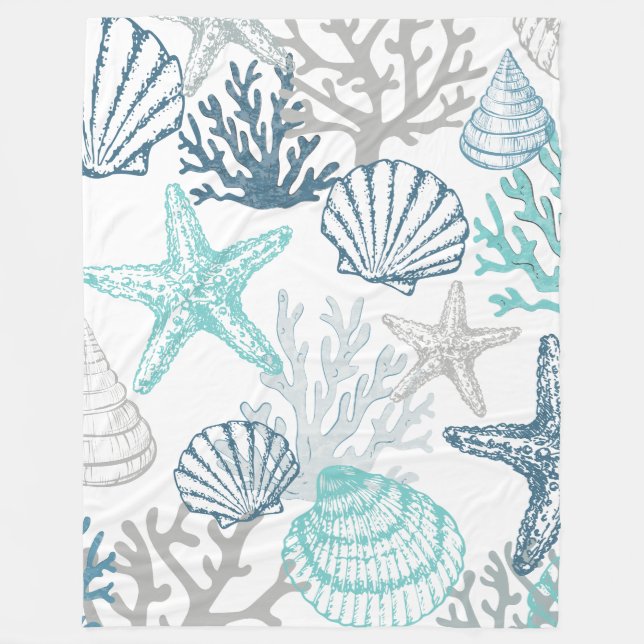 Cobertor De Velo Blanket Teal Starfish Seashell Coastal Sealife (Frente)
