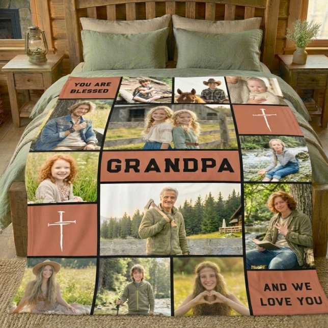 Cobertor De Velo Blessed Grandpa 12 Photo Collage Custom Text (Criador carregado)
