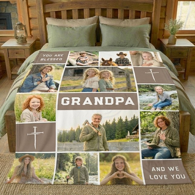 Cobertor De Velo Blessed Grandpa 12 Photo Collage Custom Text (Criador carregado)