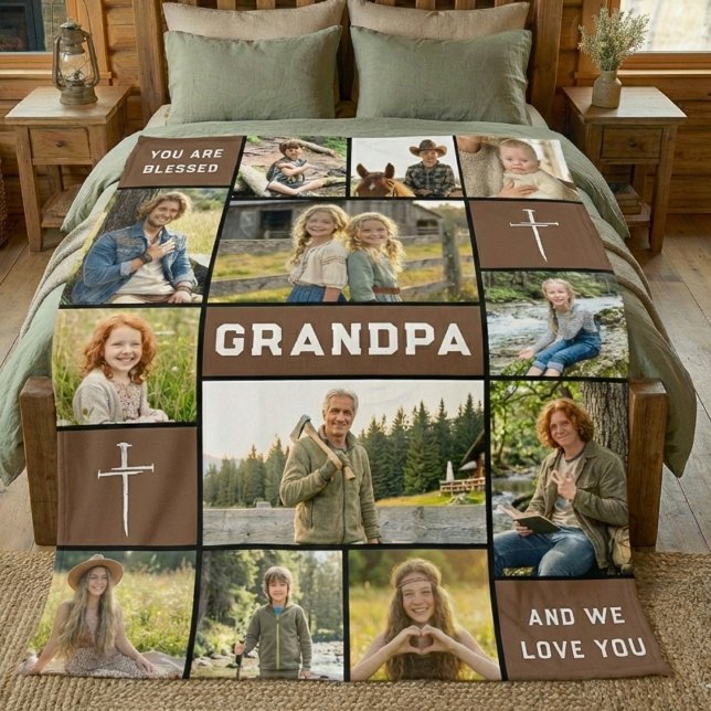 Cobertor De Velo Blessed Grandpa 12 Photo Collage Custom Text (Criador carregado)