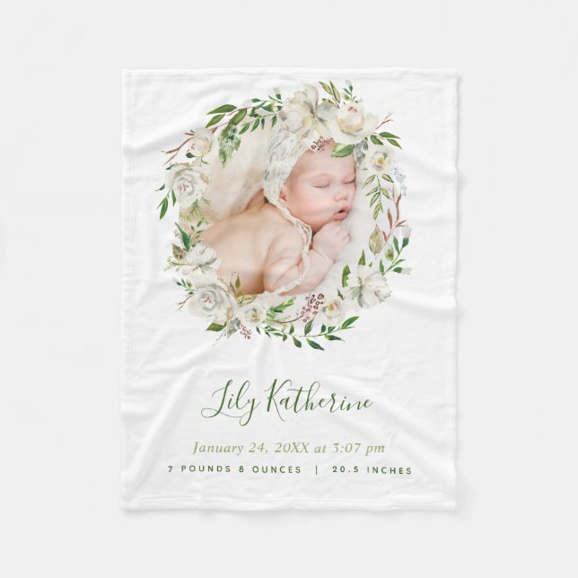 Cobertor De Velo Blooms Gilded Floral Wreath Baby Photo Birth Stats (Frente)