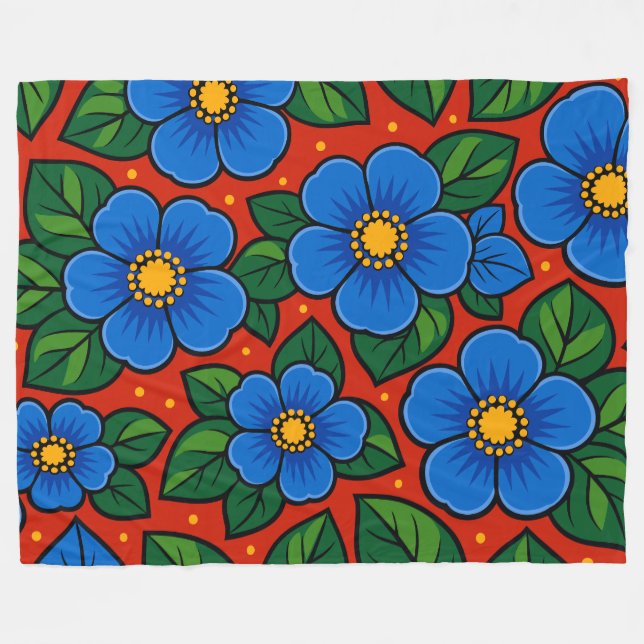 Cobertor De Velo Blue Flowers and Green Leaves on a Red Background (Frente (Horizontal))