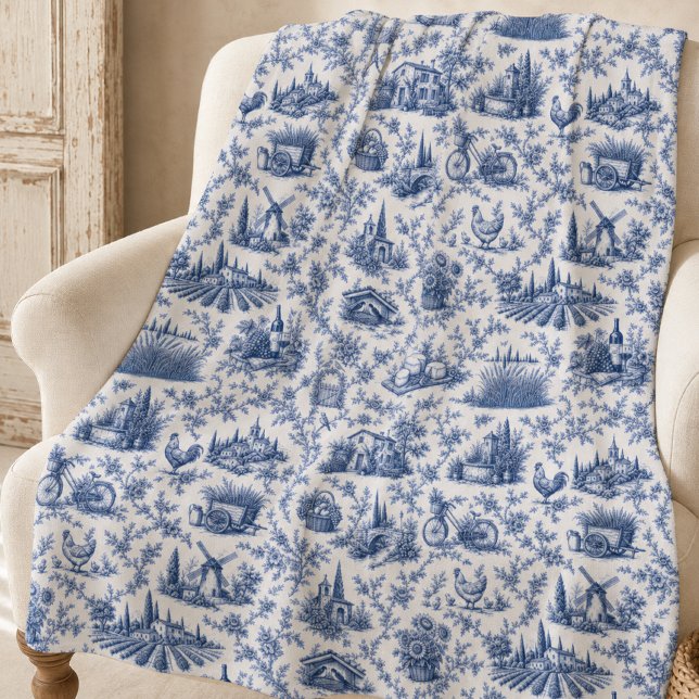 Cobertor De Velo Blue French Toile Countryside Rose Branch Pattern  (Criador carregado)