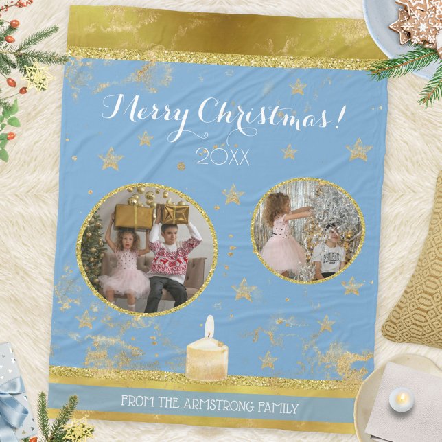 Cobertor De Velo Blue Gold Glitter 2 Photo Family Keepsake (Blue Gold Glitter 2 Photo Family Name Holiday Fleece Blanket ©Susanne Sachers - Sunny Mind Design 🌞)