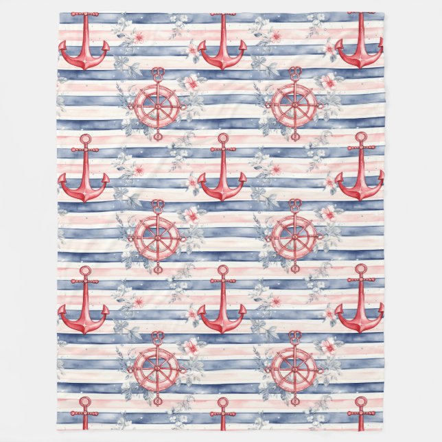 Cobertor De Velo Blue Red Anchors Floral Stripes Beach  (Frente)