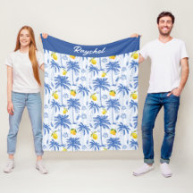 Blue Toile Palm Trees Lemons Monogram Name