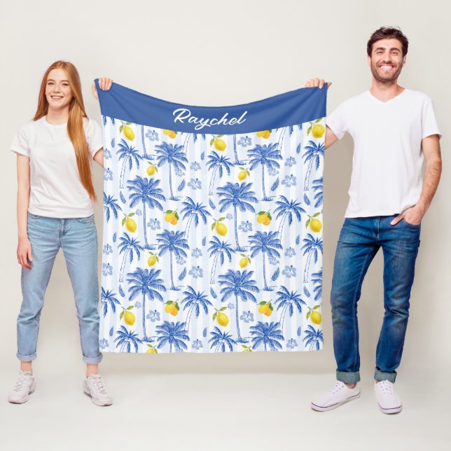 Cobertor De Velo Blue Toile Palm Trees Lemons Monogram Name (In Situ)