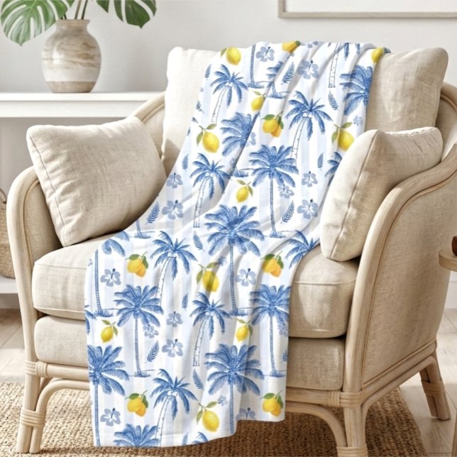 Cobertor De Velo Blue Toile Palm Trees Lemons Pattern (Criador carregado)