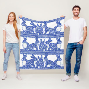 Cobertor De Velo Blue Willow Rabbit Floral Chinoiserie Design