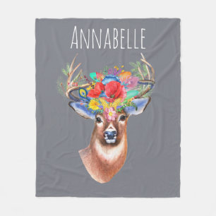 Cobertor De Velo Bohemian Watercolor Floral Deer & Name