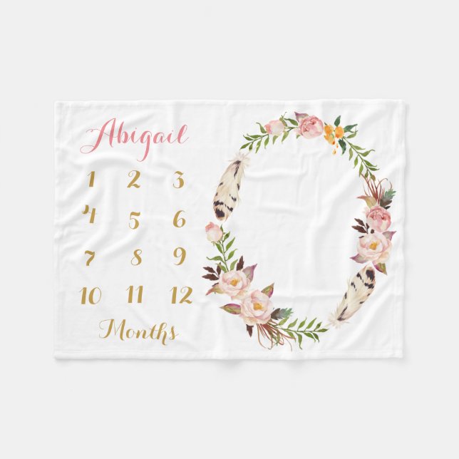 Cobertor De Velo Boho Baby Girl Milestone Mensal (Frente (Horizontal))