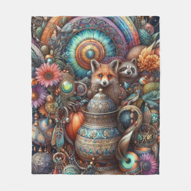 Cobertor De Velo Boho Fox Raccoon Floral Design (Frente)