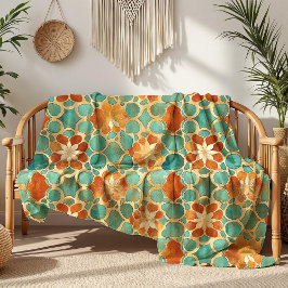 Cobertor De Velo Boho Marroquino Turquesa e Floral Terracota