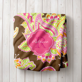 Cobertor De Velo Boho Paisley, Rosa e Castanho, Monograma