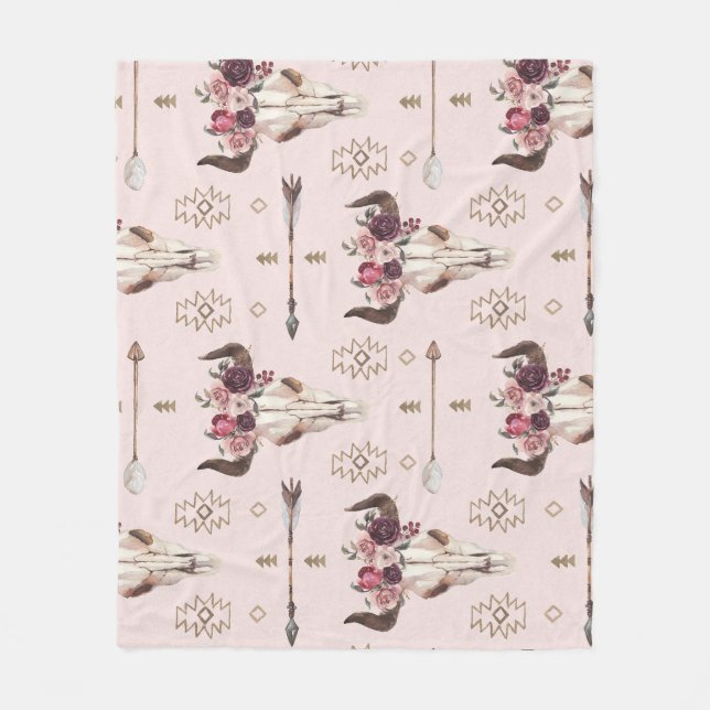 Cobertor De Velo Boho setas e crânio, padrão de aquarela. (Frente)