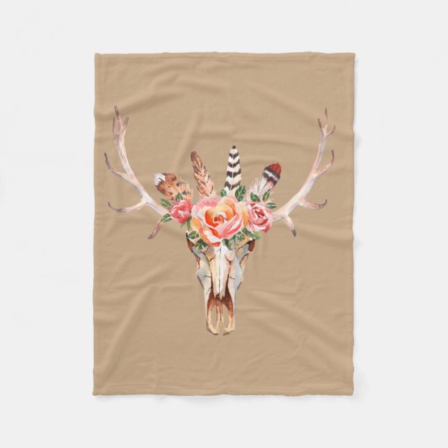 Cobertor De Velo BoHo Skull Watercolor Fleece Personalizado (Frente)