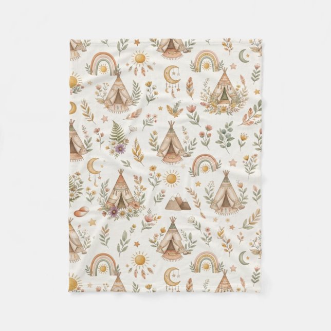 Cobertor De Velo Boho Teepee e Arco-íris Florestal Bebê Neutro  (Frente)