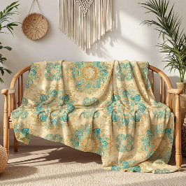 Cobertor De Velo Boho Turquesa e Bege Areia Mandala