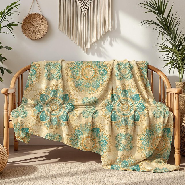 Cobertor De Velo Boho Turquesa e Bege Areia Mandala (Boho Turquoise and Sand Beige Mandala Fleece Blanket on a boho rattan sofa nex to house plants)