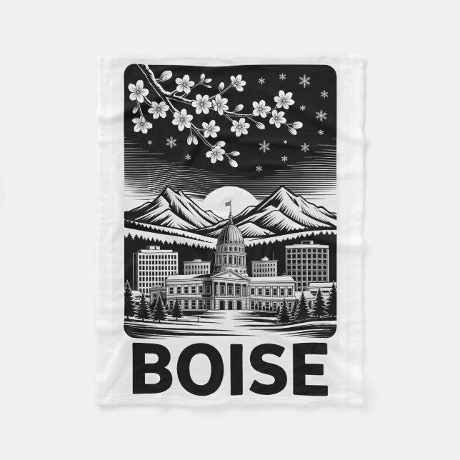Cobertor De Velo Boise Skyline Black and White Woodcut Winter  (Frente)