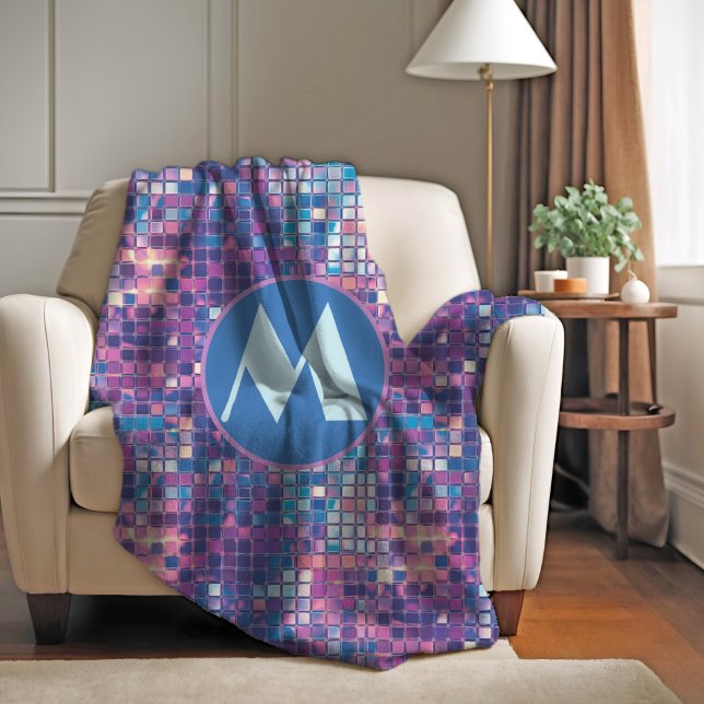 Cobertor De Velo Bola de Disco Azul e Roxo do Groovy Personalizada (groovy blue and purple disco ball personalized monogram fleece blanket)