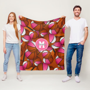 Cobertor De Velo bolas de basquete brancas cor-de-rosa monogramas