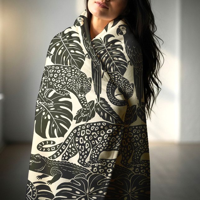 Cobertor De Velo Bold Black and Cream Tropical Jungle Animals  (Criador carregado)