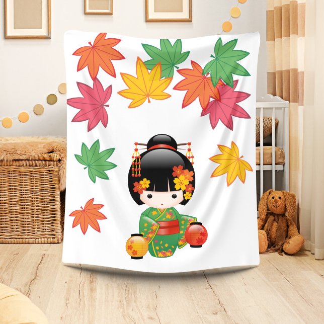 Cobertor De Velo Boneca Kokeshi de Outono - Garota Geisha com Quimo (Criador carregado)