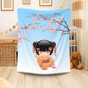 Cobertor De Velo Boneca Kokeshi Ume - Garota Geisha Japonesa Azul