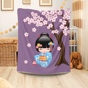 Cobertor De Velo Boneca Maiko Kokeshi - Menina Kimono Geisha Azul