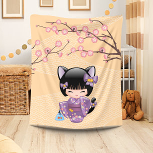 Cobertor De Velo Boneca Neko Kokeshi - Garota Geisha com Orelhas de