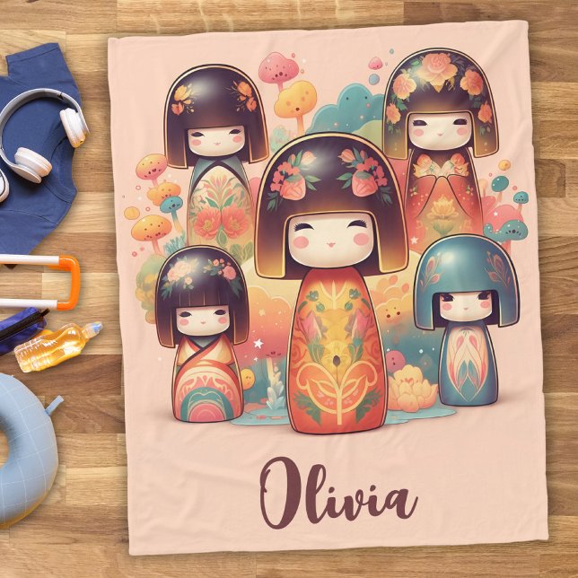 Cobertor De Velo Bonecas Kokeshi em Aquarela Fofa com Rosa (Criador carregado)