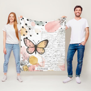 Cobertor De Velo Borboleta Aquarela Rosa Dourado Arte Boho Natureza