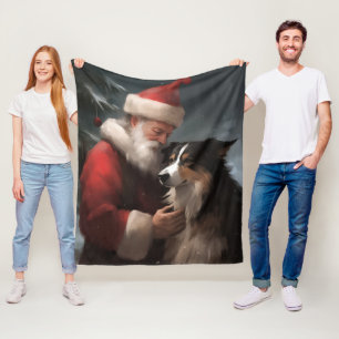 Cobertor De Velo Border Collie Com Papai Noel Natal Festivo