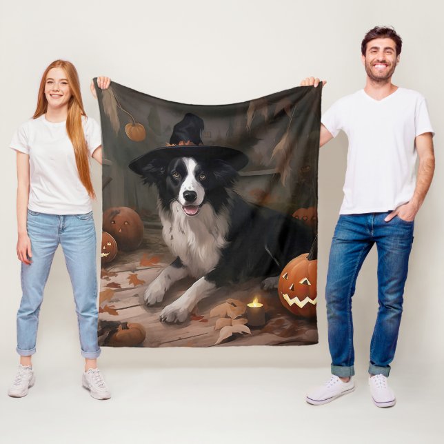 Cobertor De Velo Border Collie Pumpkins Halloween Assustado (In Situ)