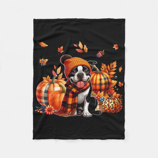 Cobertor De Velo Boston Terrier Ação de Graças Leopard Pumpkins Cai (Frente)