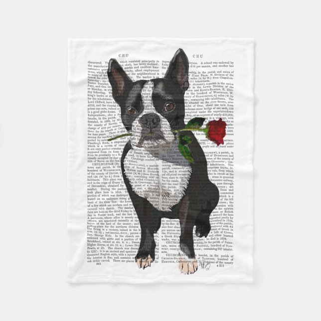 Cobertor De Velo Boston Terrier com Rosa em Boca (Frente)