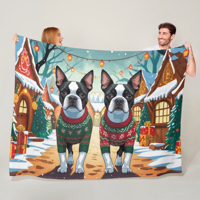 Cobertor De Velo Boston Terrier Dogs Christmas Snow Holiday (In Situ)