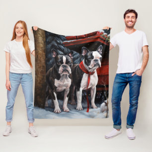 Cobertor De Velo Boston Terrier Nevado Trineo Decoración de Navidad