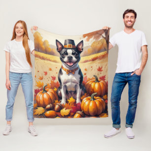 Cobertor De Velo Boston Terrier no outono deixa arte de ação de gra