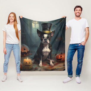 Cobertor De Velo Boston Terrier Pumpkins Halloween Assustado