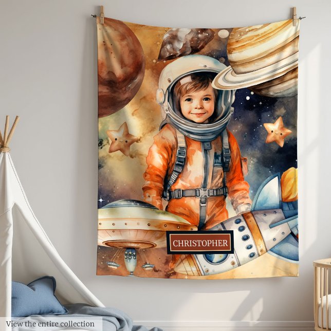 Cobertor De Velo Boys Astronauta Planetas Espaciais Personalizados  (Boys Astronaut Blanket Personalized Space Planets Gift)