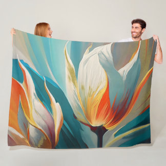 Cobertor De Velo Brilho Floral Abstrato em Turquesa e Laranja